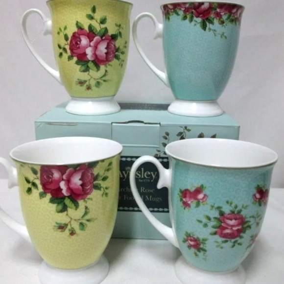 AYNSLEY Archive Rose footed Mugs Cups floral yellow blue Footed Fine China NEW - Picture 1 of 10